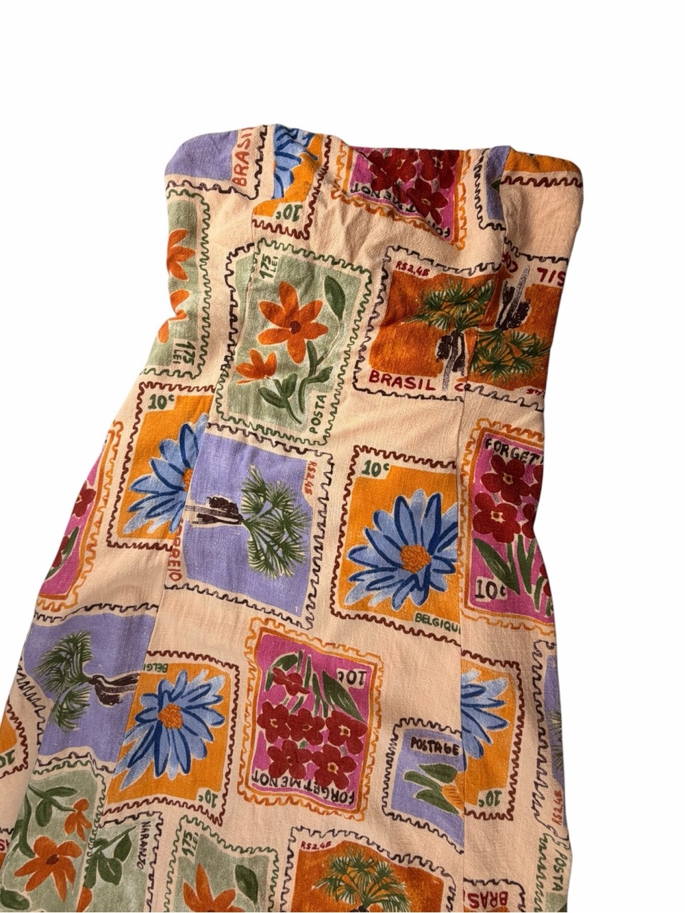 Anthropologie Paper Hearts Strapless Linen Blend Postcard-Stamp Maxi Dress Large - Picture 4 of 9